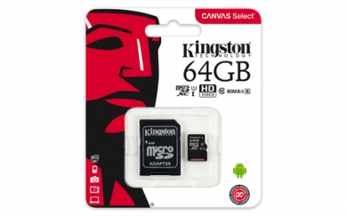 64GB micro SD-Card Kingston CanvasSelect UHS-I Class 10 ( max. 100MB lesen ) inkl. Adapter 