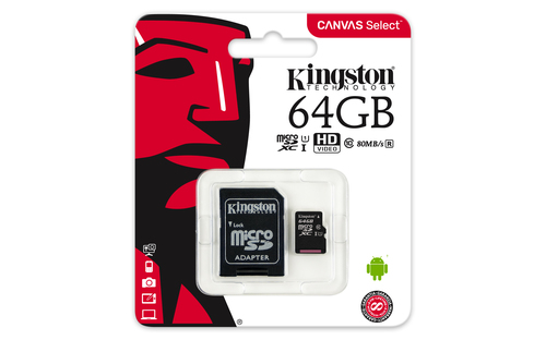 64GB micro SD-Card Kingston CanvasSelect UHS-I Class 10 ( max. 100MB lesen ) inkl. Adapter 