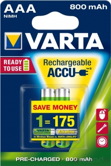 VARTA 2er-Set NIMH Micro AAA "Ready to Use" Akku, 800mAh 